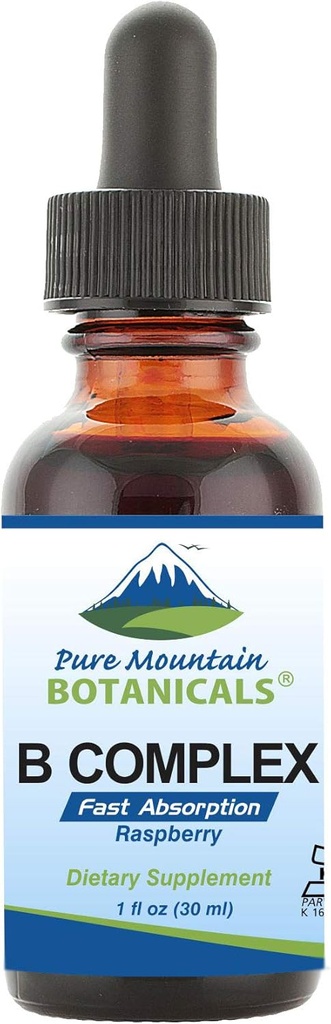 Pure Mountain Botanicals Liquid Vitamin B Complex - Raspberry Flavor Kosher B Complex Βιταμίνη με B12, B6, Thiamin, Biotin, Niacin - φιάλη 1oz