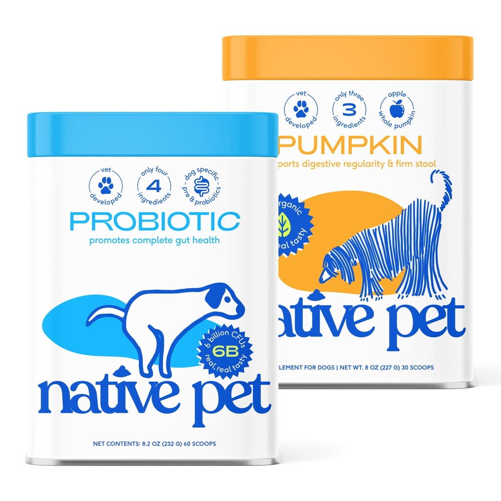 Native Pet Belly Bundle | Pumpkin for Dogs (8oz) + Probiotic Powder for Dogs (8 oz) | All-Natural Remedy for Dog Diarrhea + Dog Upset Stomach + Dog Gas Relief | Natural Relief for Upset Stomach!