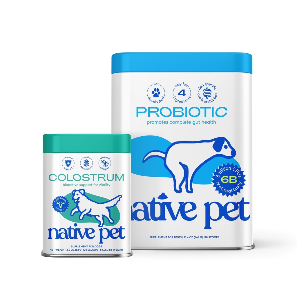Native Pet Probiotic Power Duo: Colostrum for Dogs (120 Scoops) & Probiotic for Dogs (120 Scoops) - Bovine Colostrum Powder & Vet Created Probiotic Powder for Digestive Issues