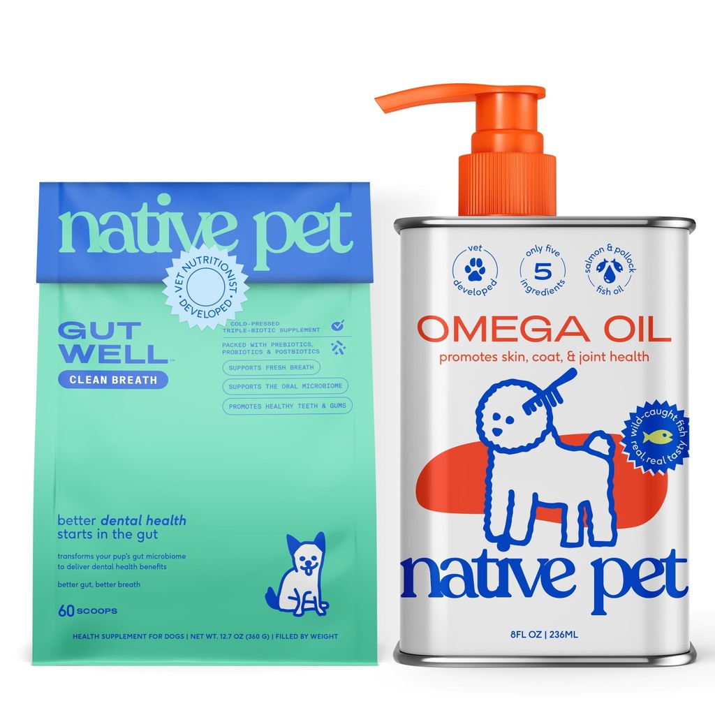 Native Pet Fresh Breath & Skin Support Bundle: 60 Scoops GutWell Clean Breath - Dog Breath Freshener & 8 Oz. Omega 3 Fish Oil for Dogs & Cats - Promotes Healthy Skin, Shiny Coat, & Strong Joints