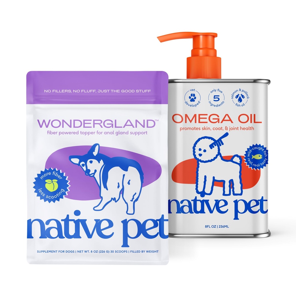 Native Pet WonderGland (30 Scoops) & Omega Oil for Dogs (8 Oz.) - Dog Anal Gland Treatment Using Fiber for Dogs & Omega 3 Fish Oil Promotes Healthy Skin, Shiny Coat, & Strong Joints