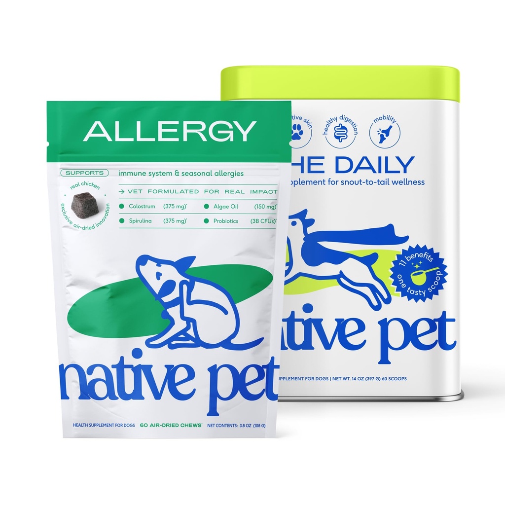 Native Pet Allergy Chews for Dogs (60 Air-Dried Chews) & Daily Dog Vitamins & Supplements (60 Scoops) - Itching Relief for Dogs & 11-in-1 Multivitamin with 21 Supplements & Vitamins