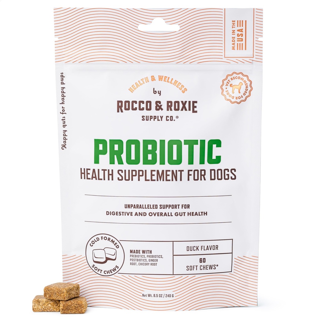 Rocco & Roxie Probiotics for Dogs, Support Gut and Digestive Health, Anti Diarrhea, Constipation & Gas Relief, Allergies, & Itchy Skin, Prebiotics, Enzymes, Puppy to Senior Dog Supplements Chews 60ct