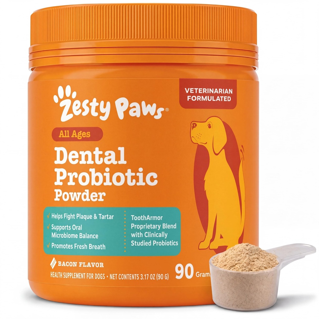 Zesty Paws Probiotic Dental Powder for Dogs Teeth - Fights Plaque, Tartar & Bad Dog Breath - Dog Teeth Cleaning Powder for Oral Microbiome & Gut Health - Pet Supplement for Dental Health