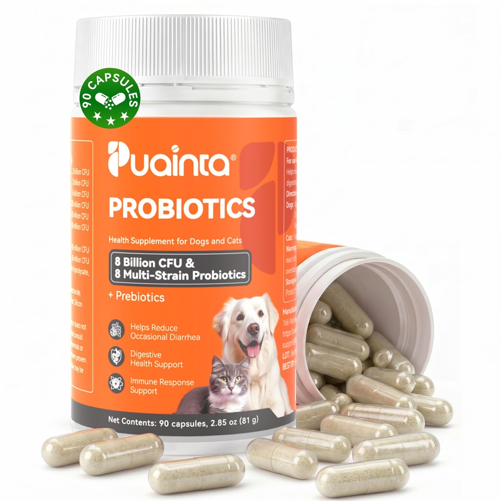 PUAINTA Probiotics for Dogs & Cats – 8-Strain Probiotic with Prebiotics for Digestive & Gut Health, Immune & Stool Support, Helps Dogs Eating Dirt, Grass & Non-Food Items, 90 Count