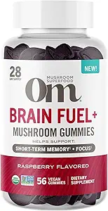 Om Mushroom Superfood Brain Fuel+ Gummies, 28 υπηρεσίες, Raspberry Gummy συμπλήρωμα με χαίτη του Λέοντος για τη μνήμη και εστίαση