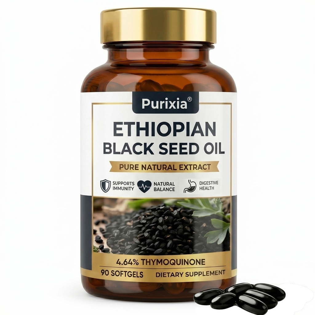 Ethiopian Black Seed Oil Capsules with 4.64% Thymoquinone, Pure Cold Pressed Black Cumin Seed Oil, 90 Softgels