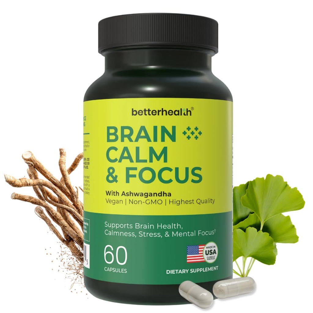 Brain Health Supplement for Memory, Focus & Calm, Cognitive Support with Ashwagandha, L-Theanine, Alpha GPC, Bacopa & Ginkgo, Daily Brain Support, 60 Capsules