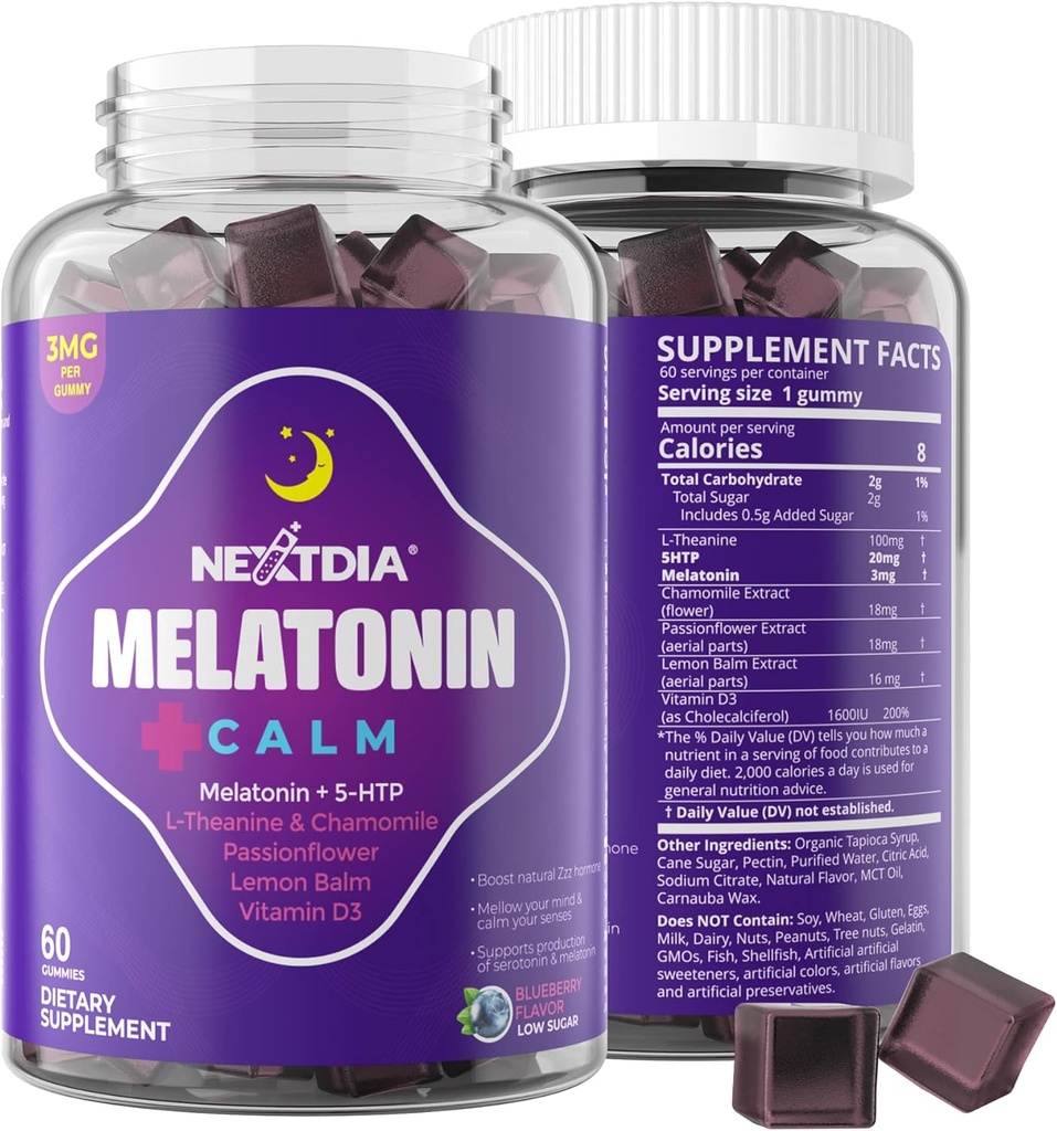 Μελατονίνη Gummies 3mg 5mg 1mg - Υγιεινή υποστήριξη κύκλων ηρεμίας με 5HTP, L-Θεανίνη, λεμονιού, χαμομήλι, λουλούδι πάθους, βιταμίνη D3 για ανοσοποιητική υποστήριξη - χαμηλή ζάχαρη, Ζελατίνη δωρεάν, Vegan - 60 κόμητες