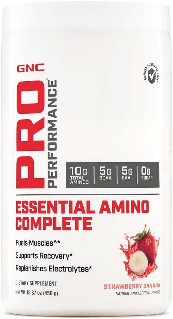 GNC Pro Performance Essential Amino Complete, Μπανάνα φράουλα, 15.87 oz., Υποστηρίζει την αποκατάσταση των μυών