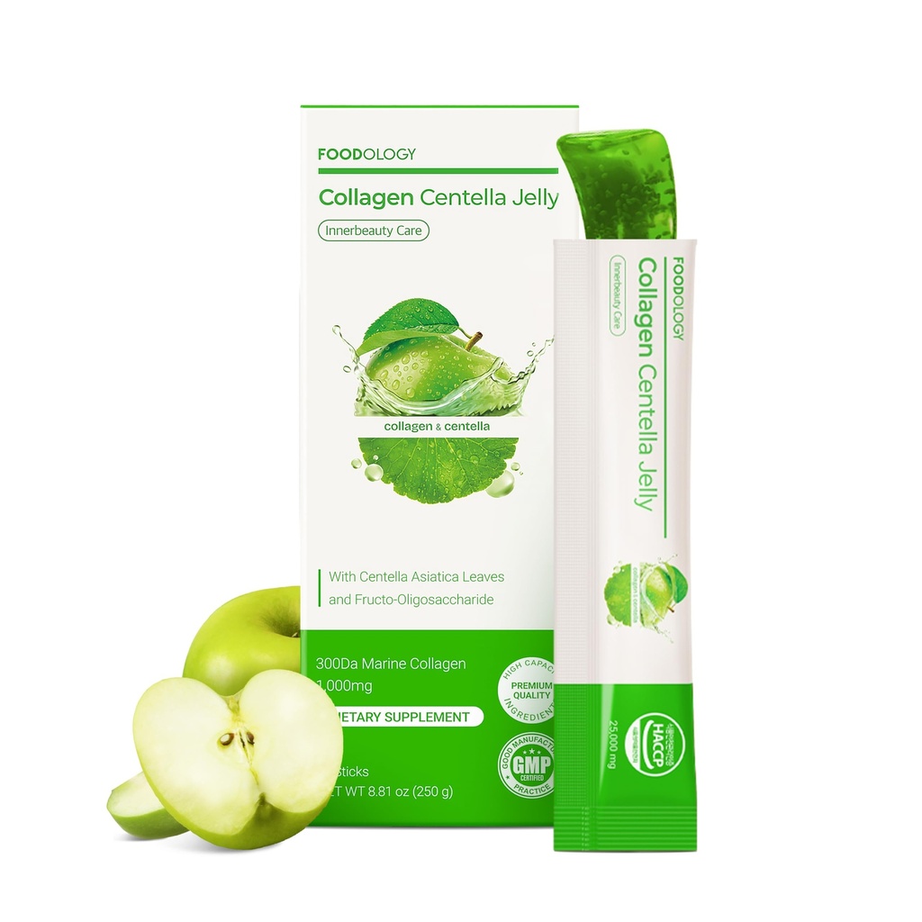 FOODOLOGY Collagen Centella Jelly (Green Apple) – Collagen Peptide with PDRN – Biotin, Vitamin A & E for Skin Glow, Hair & Nails – Korean Beauty Supplement – 10 Sticks