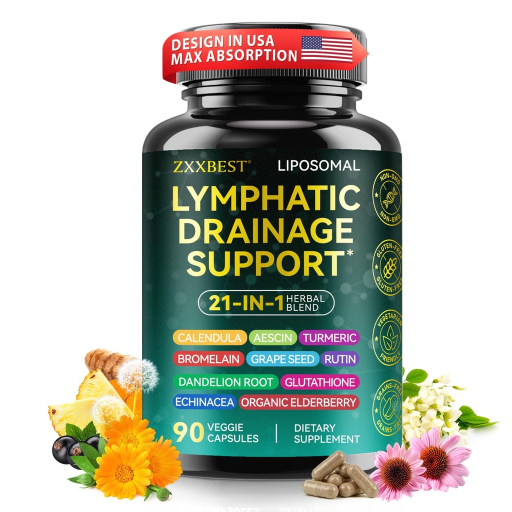 Lymphatic Drainage Supplements - 21-in-1 Organic Immune & Lymph System Support for Women & Men - Echinacea Elderberry Dandelion Rosehip Bromelain Calendula Turmeric Glutathione - 90 Capsules