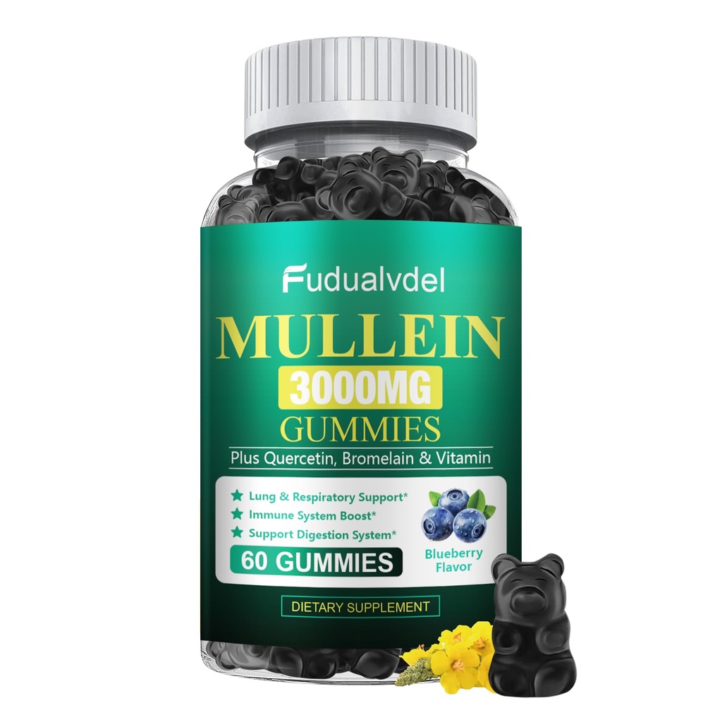 3000mg Organic Mullein Gummies - Contains Mullein Leaf Extract, Supplement Breathing with Quercetin and Bromelain, Immune Support, 60 Cts
