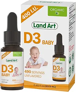 Land Art - Certified Organic Vitamin D3 Drops Baby – 400 IU per Drop – 490 Servings – Supports Bone & Teeth Development – Vitamin D Drops for Infants & Toddlers – GMO-Free - Gluten-Free – 0.45 fl oz
