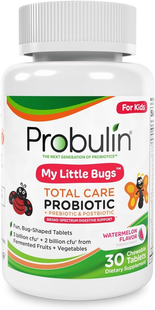 Probulin Total Care Kids Probiotic Chewable Tablets, My Little Bugs Prebiotics, Probiotics, και Postbiotics Chew Συμπληρώματα, 5 Billion CFU, 15 Strains, 30 Count Bottle
