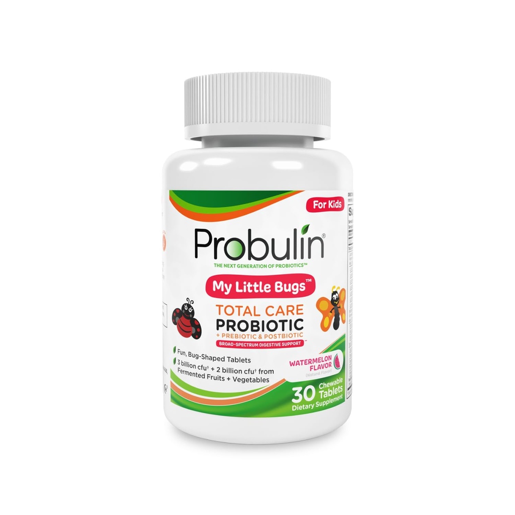 Probulin Total Care Kids Probiotic Chewable Tablets, My Little Bugs Prebiotics, Probiotics, και Postbiotics Chew Συμπληρώματα, 5 Billion CFU, 15 Strains, 30 Count Bottle