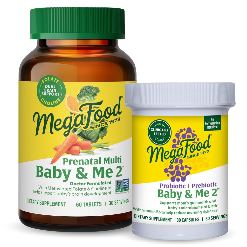 MegaFood Baby & Me 2 Bundle Pack - Prenatal Vitamin & Minerals (30 Servings) with Prenatal Probiotic & Prebiotic (30 Servings) - Women's Supplement for Pregnancy