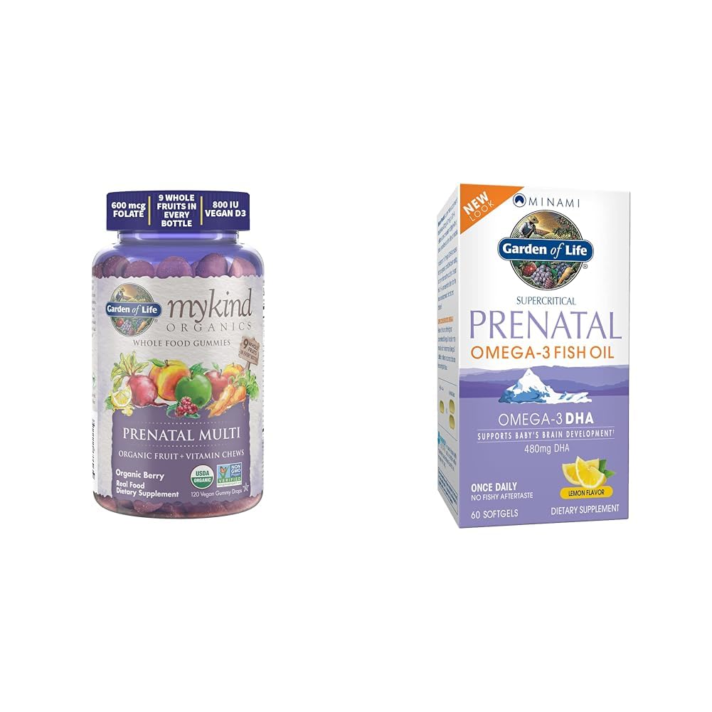 Garden of Life Organics Prenatal Gummies Multivitamin with Vitamin D3, B6, B12, C & Folate & Prenatal DHA Omega 3 Fish Oil - Minami Natural Prenatal, 60 Softgels