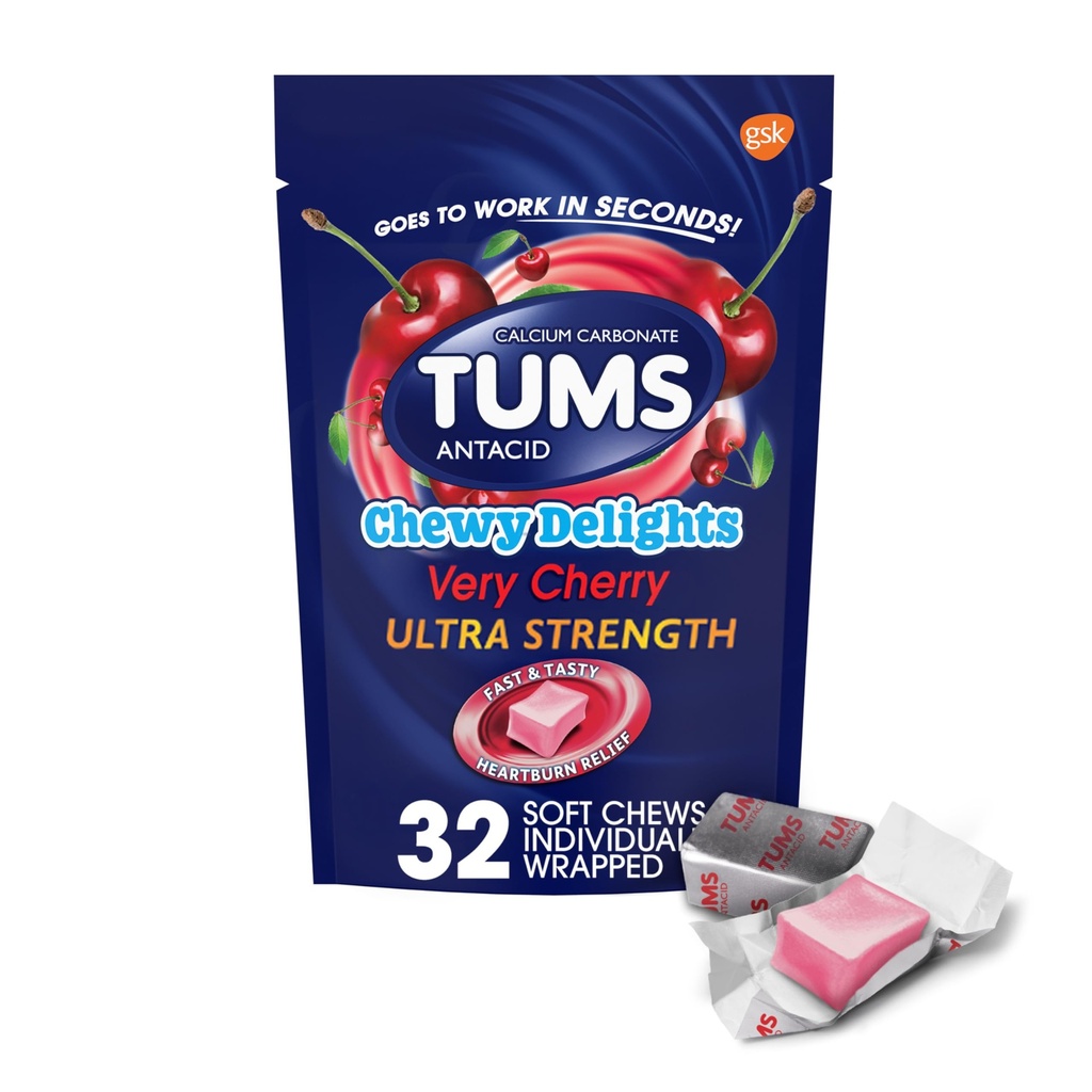 TUMS Chewy Delights Ultra Strength Antacid Soft Chews for Chewable Heartburn Relief and Acid Indigestion Relief, Very Cherry - 32 Count