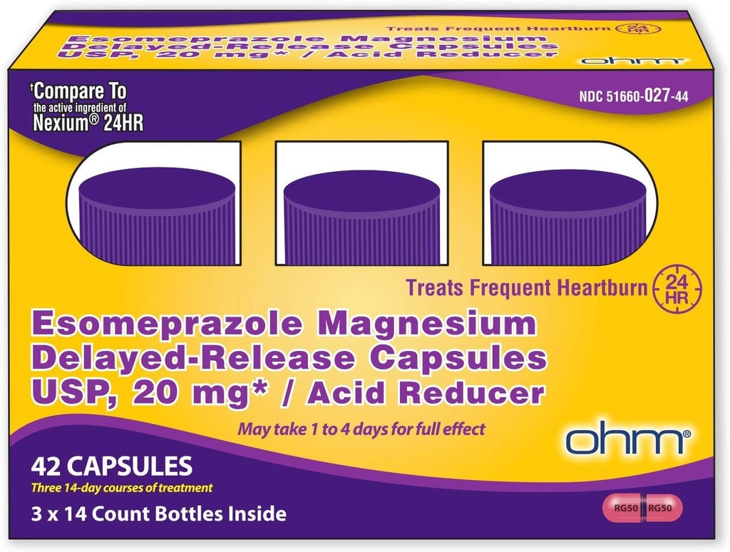 Ohm Esomeprazole Magnesium Delayed Release Capsules 20mg - Frequent Heartburn & Acid Reflux Relief, 24 Hour Chest & Stomach Acid Reducer (6 Weeks of Supply, 42, Count)