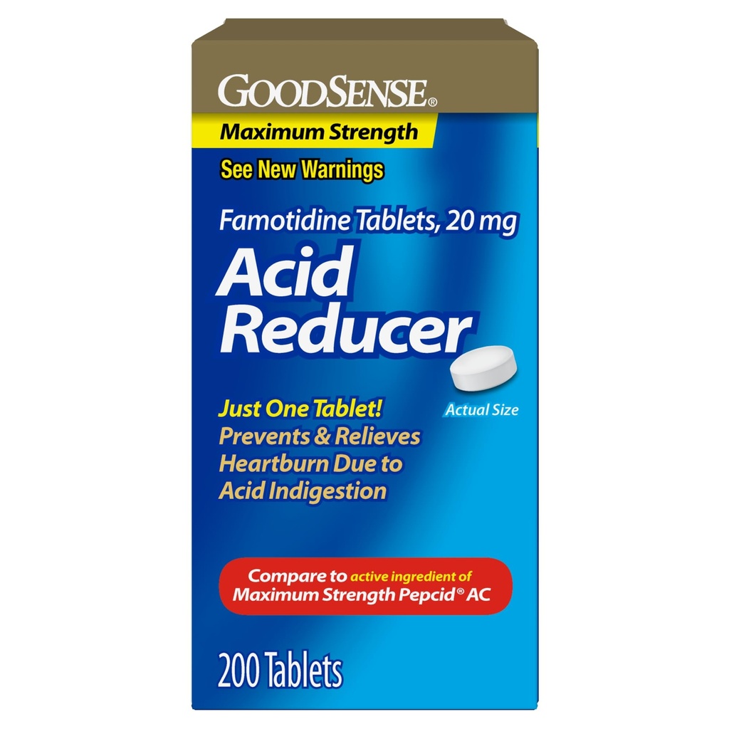 GoodSense Maximum Strength Famotidine Tablets 20 mg, Acid Reducer for Heartburn Relief, 200 Count
