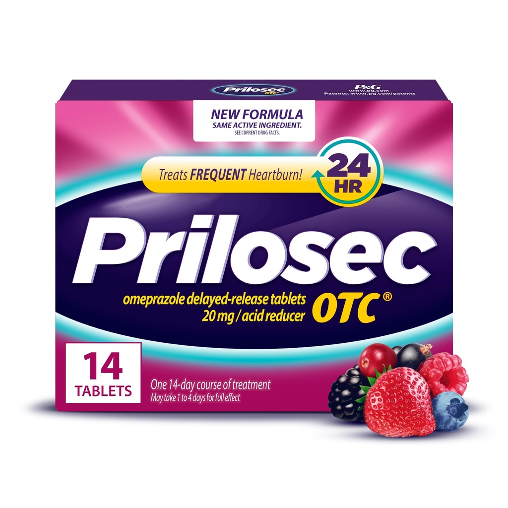 Prilosec OTC, Omeprazole Delayed Release 20mg, Acid Reducer, Treats Frequent Heartburn for 24 Hour Relief, All Day, All Night*, Heartburn Medicine, 20mg, Wildberry Flavor, 14 Tablets