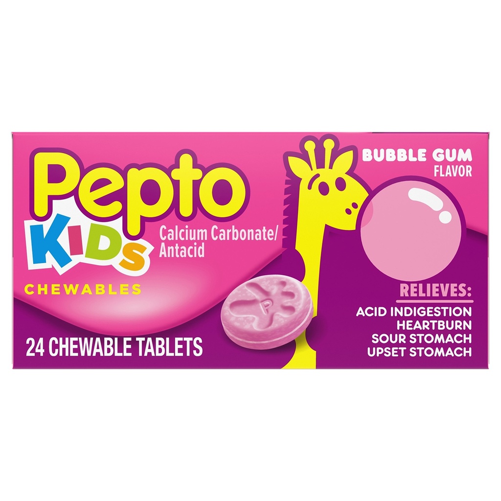 Pepto Kids Bubblegum Antacid Tablets Chewable, Upset Stomach Relief for Kids, Heartburn Relief, Acid Indigestion and Sour Stomach Relief, 24 Chewable Tablets