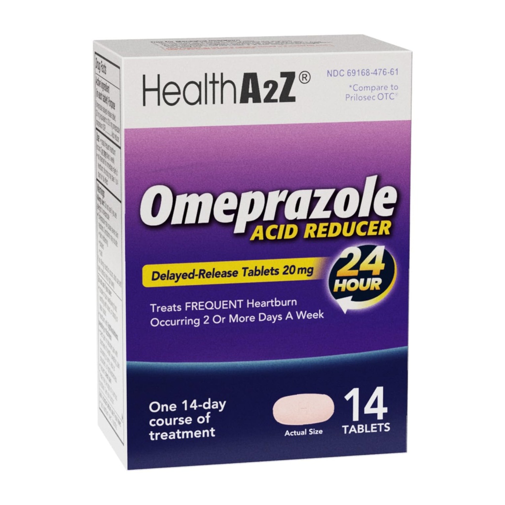 HealthA2Z® Acid Reducer | Omeprazole 20mg | Delayed - Release Tablets | 24 Hours | Treats Frequent Heartburn | Occuring 2 or More Days A Week (14 Counts)