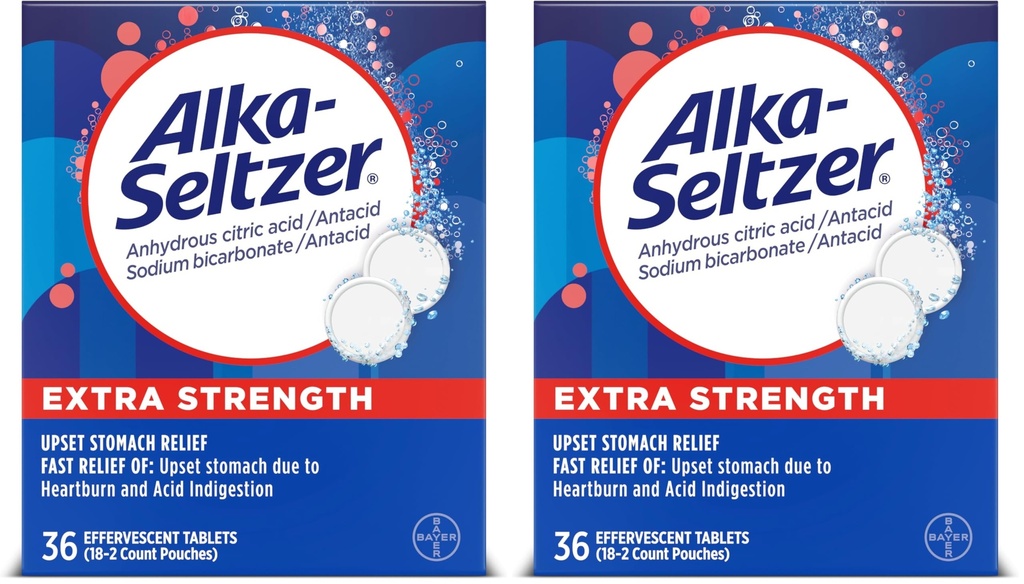 Alka-Seltzer Extra Strength Heartburn Relief Effervescent Antacid Tablets, Fast Indigestion Relief, 36Ct (Pack of 2)