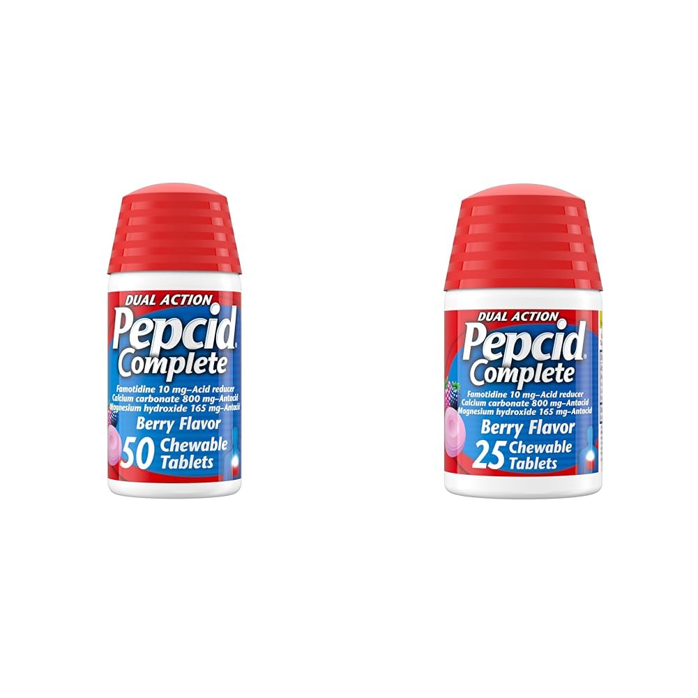 Pepcid Complete Acid Reducer + Antacid Chewable Tablets Heartburn Relief Berry 50 Count & 25 Count