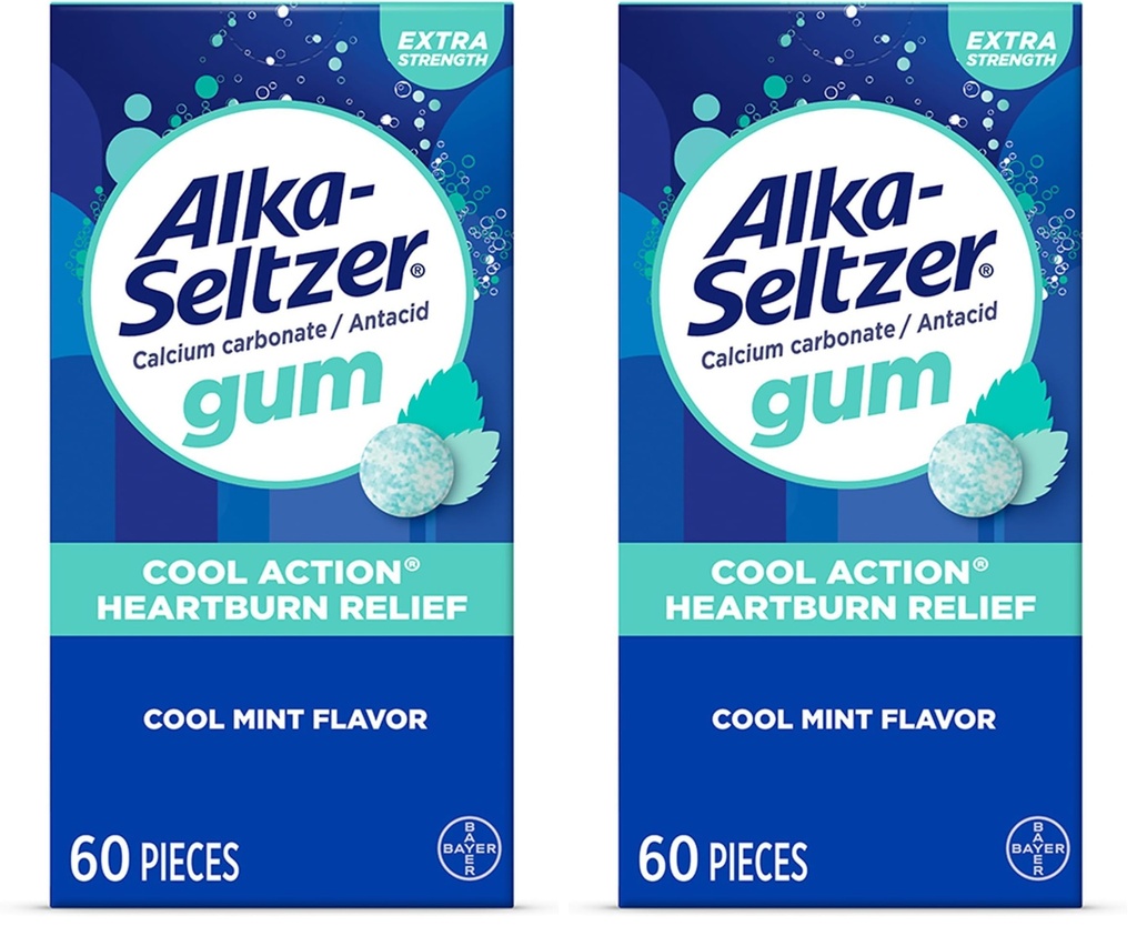 Alka-Seltzer Cool Action Heartburn Relief Gum, Extra Strength Antacid Gum, Acid Indigestion and Upset Stomach Relief, No Chalky Taste, Cool Mint Flavor,(Pack of 120)