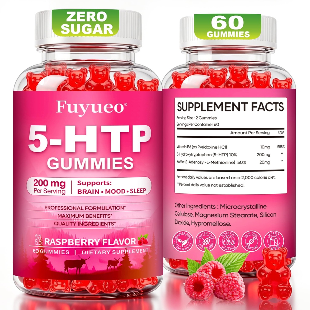 5-HTP Gummies 200mg with Same & Vitamin B6 – Sugar Free for Sleep, Mood & Relaxation Support – Non-GMO, Gluten Free, 3rd Party Tested – Raspberry Flavor – 60 Count