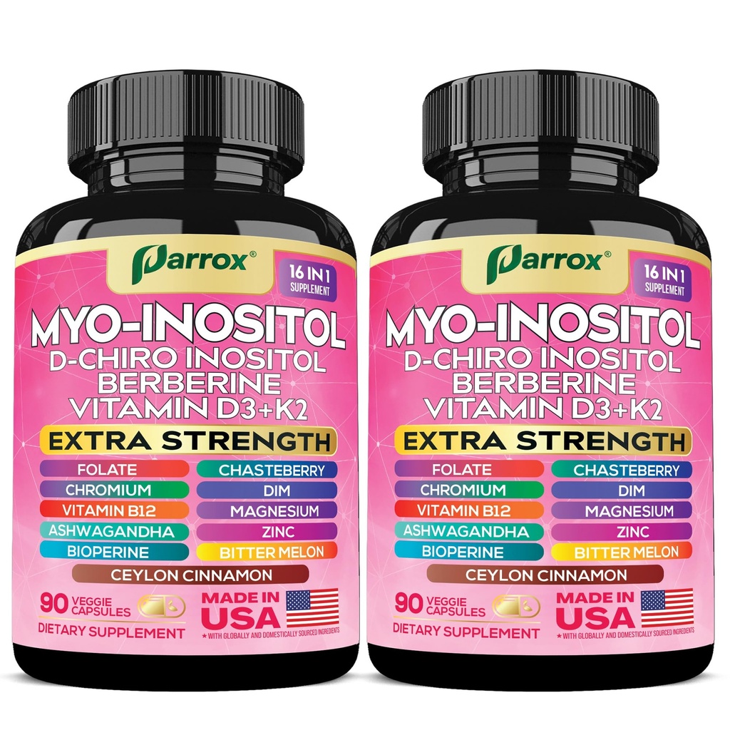 Myo-Inositol Supplement with D-Chiro Inositol, DIM, Berberine, Vitamin D3 + K2, Methylated B12, Chromium, Ceylon Cinnamon, Zinc, Ashwagandha, Chasteberry, Magnesium, Bioperine, Bitter Melon (2 Pack)