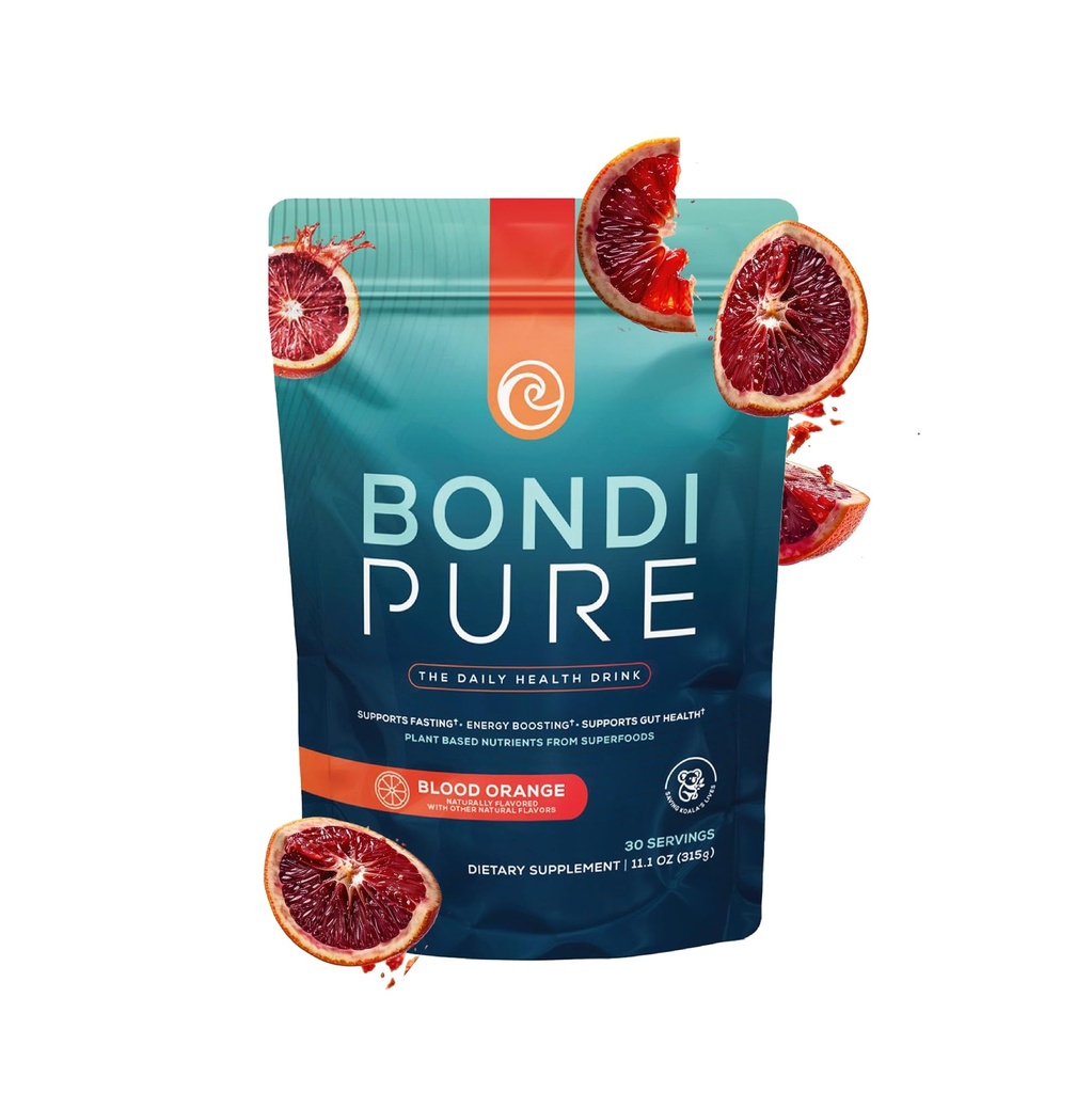 Bondi Pure - Daily Health & Detox Drink - Promote Gut Health & Energy Support During a Cleanse or Intermittent Fasting - Plant-Based Fibers, Alkalizing Super Greens - Blood Orange (30 Servings)