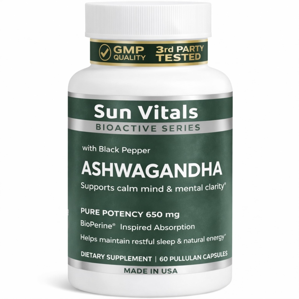 Sun Vitals Ashwagandha Ultra Potent 650 mg – Organic Ashwagandha Root with Black Pepper – 60 Vegan Capsules