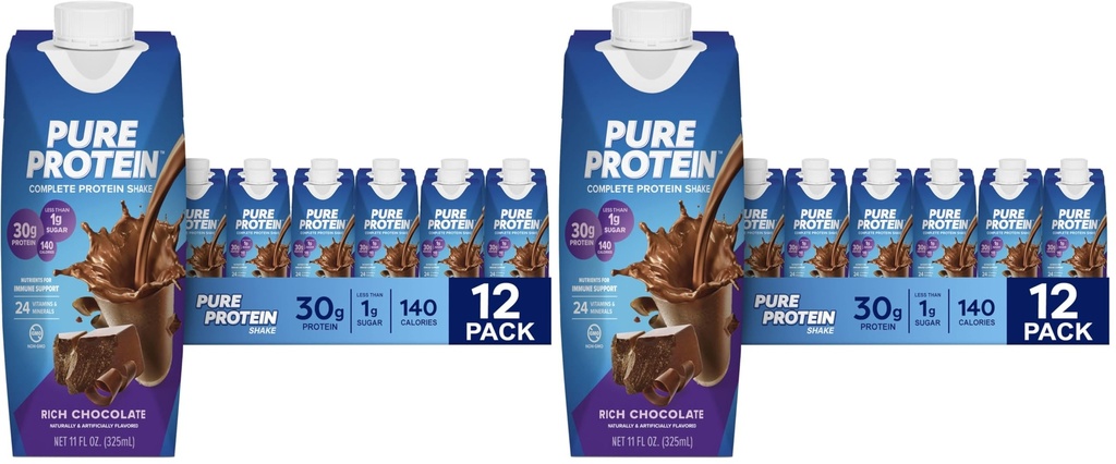 Pure Protein Chocolate Protein Shake,30g Complete-Protein,Ready to Drink and Keto-Friendly,Vitamins A,C,D,and E plus Zinc to Support Immune Health,11oz Bottles,(Pack of 24)