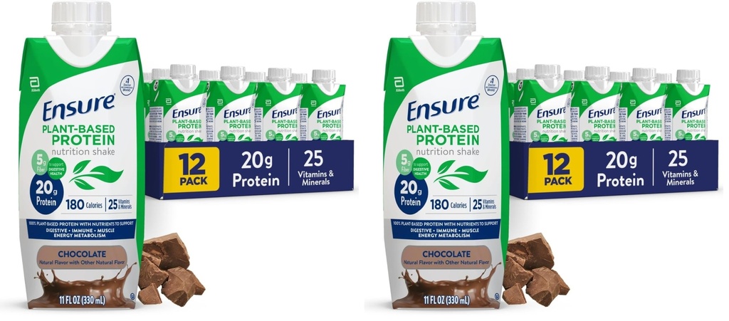 Ensure Plant-Based Protein Shake With 20g Protein, 5g Fiber, Ready to Drink, Chocolate, 11 Fl Oz, 24 Pack