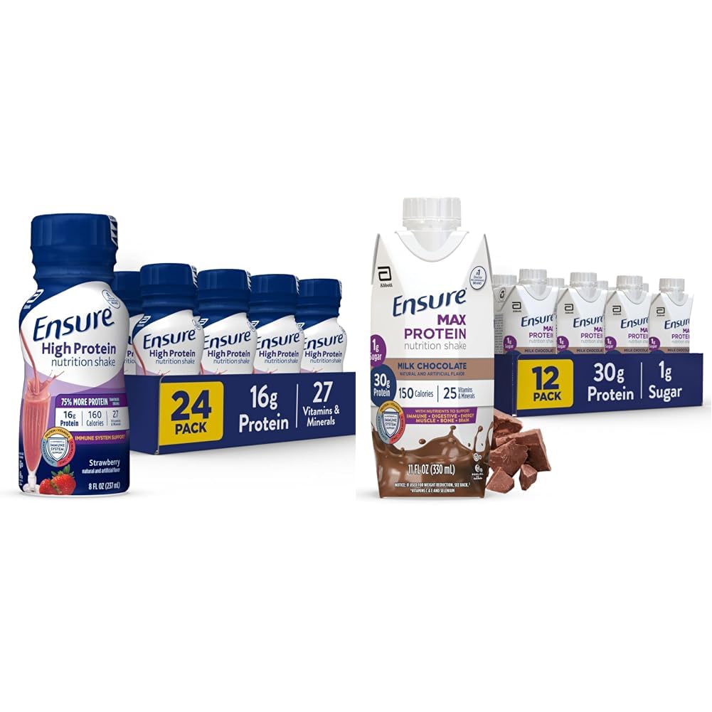Ensure High Protein Strawberry 24 Pack and Ensure Max Protein Milk Chocolate 30g Protein 12 Pack Nutrition Shakes