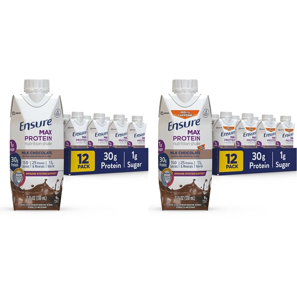 Ensure Max Protein Nutrition Shake with 30g of Protein & Max High Protein Nutrition Shake Milk with 30g of Protein 1g of Sugar, Chocolate w/Caffeine, 11 Fl Oz (Pack of 12)