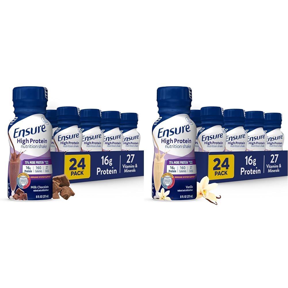 Ensure High Protein Milk Chocolate and Vanilla Nutrition Shakes with Fiber, 24 Pack Bundle