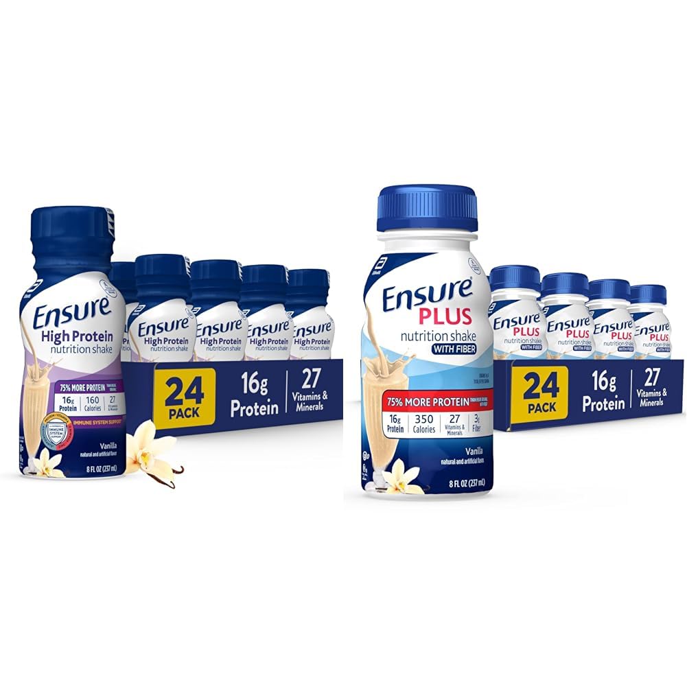 Ensure High Protein Vanilla Nutrition Shake With Fiber, 24 Pack & Ensure Plus Vanilla Nutrition Shake With Fiber, Meal Replacement Shake, 24 Pack