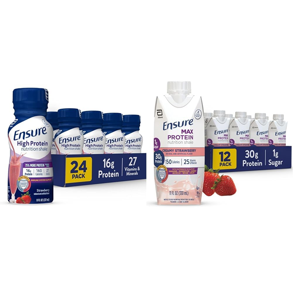 Ensure High Protein Strawberry Nutrition Shake 24 Pack & Ensure Max Protein Nutrition Shake 30g Protein 12 Pack