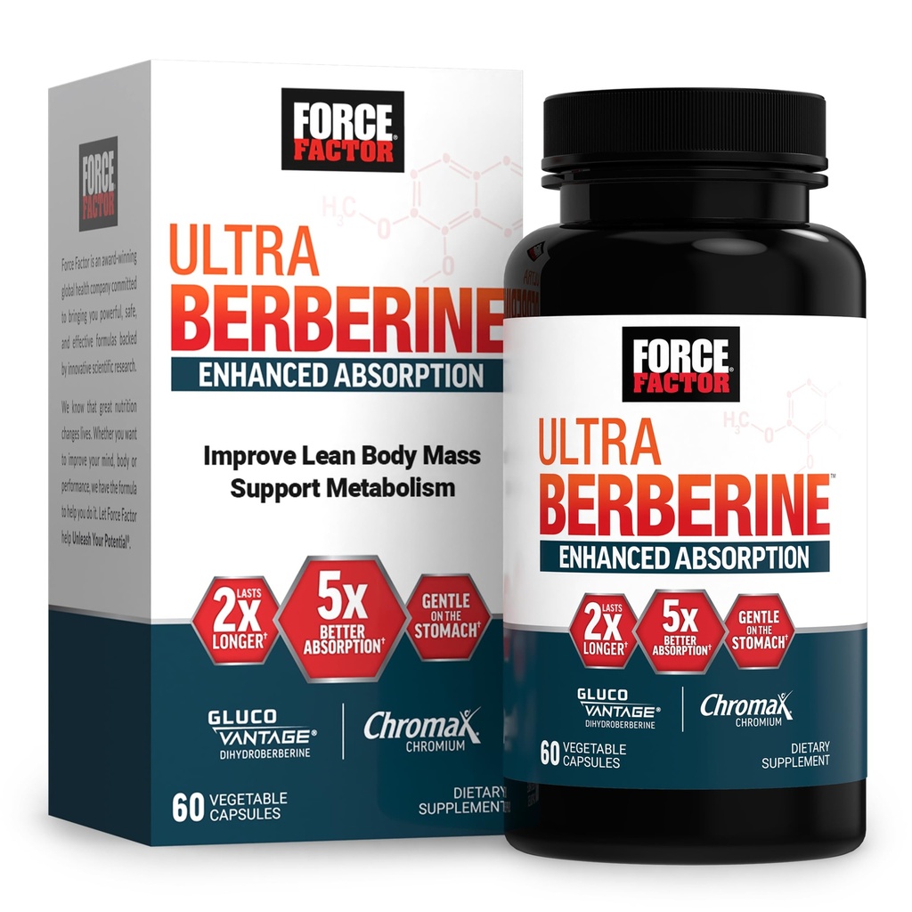 FORCE FACTOR Ultra Berberine Ενισχυμένη Απορρόφηση, με Ceylon Cinnamon, Dihydroberberine & Chromium, Απορρόφηση 5X, 2X Μεγαλύτερη Διαρκέστερη, Προώθηση της Μάζας του Σώματος Lean, 60 Καψάκια λαχανικών