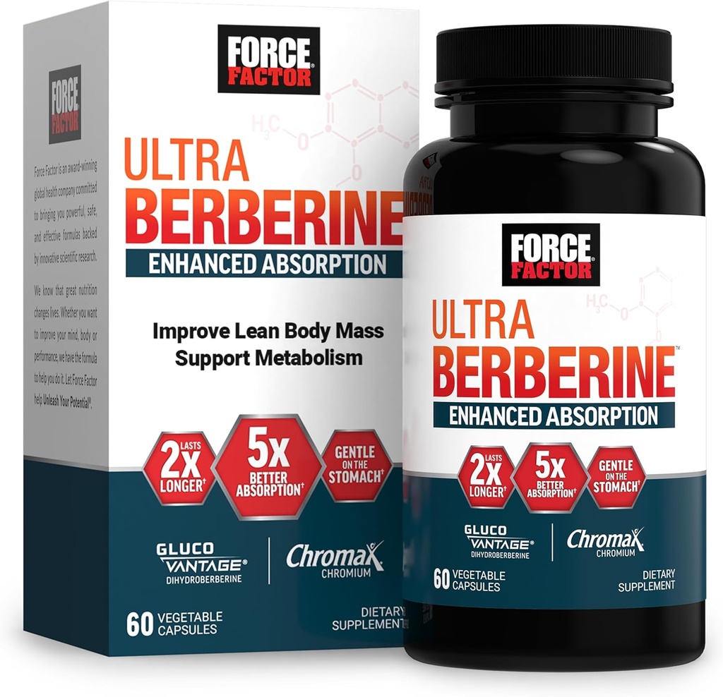 FORCE FACTOR Ultra Berberine Ενισχυμένη Απορρόφηση, με Ceylon Cinnamon, Dihydroberberine & Chromium, Απορρόφηση 5X, 2X Μεγαλύτερη Διαρκέστερη, Προώθηση της Μάζας του Σώματος Lean, 60 Καψάκια λαχανικών