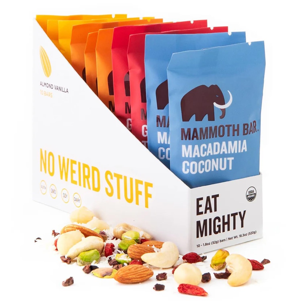 Mammoth Bar Variety Pack – 10 Organic Protein Bars – Prebiotic • Paleo • Gluten Free • Egg Protein • GMO Free • Raw • Premium Nuts