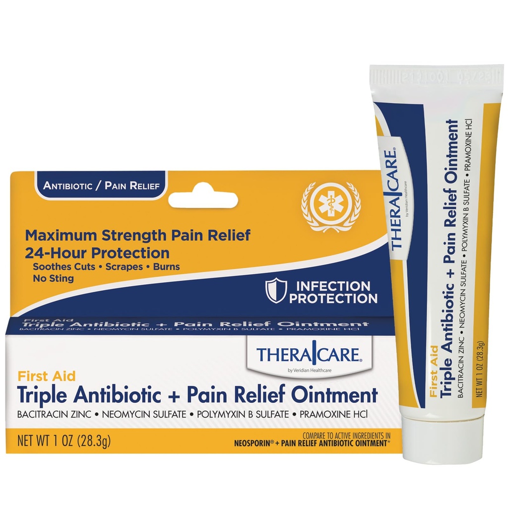 TheraCare Triple Antibiotic + Pain Relief Ointment | First Aid | Maximum Strength Relief | 24-Hour Protection | 1.0 oz | Dual Action Wound Care for Minor Scrapes and Cuts