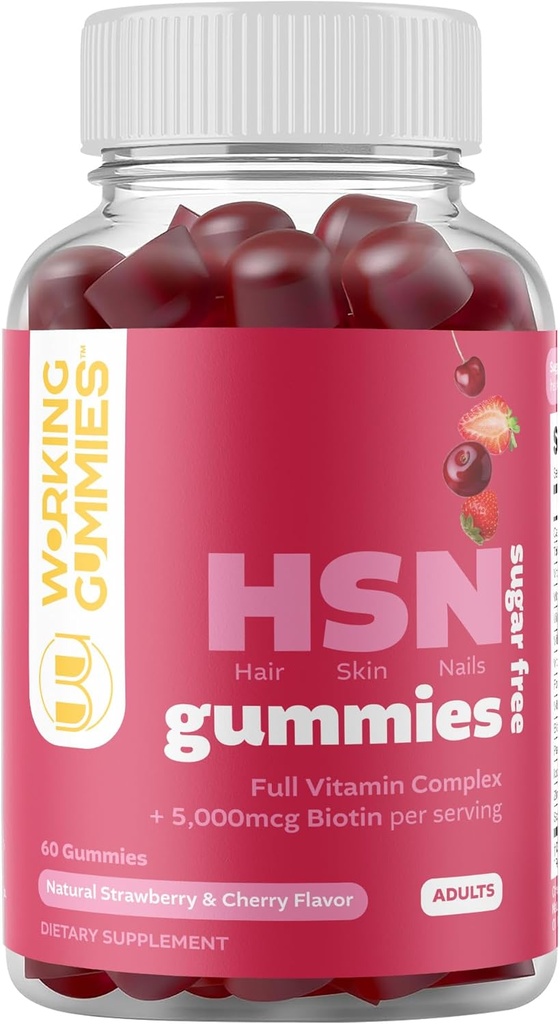 HSN Gummies - Δέρμα μαλλιών και νύχια Gummies - Ζάχαρη δωρεάν Biotin Gummies 5000mcg με πλήρες σύμπλεγμα βιταμινών για την ανάπτυξη των μαλλιών, υγιές δέρμα, αντοχή νυχιών - 60 Ct Φράουλα & γεύση κεράσι