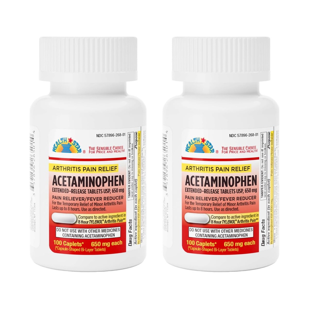 GeriCare Acetaminophen Extended-Release 650mg, Pain Reliever Caplets for Joint and Muscle Discomfort 100 Count (Pack of 2)