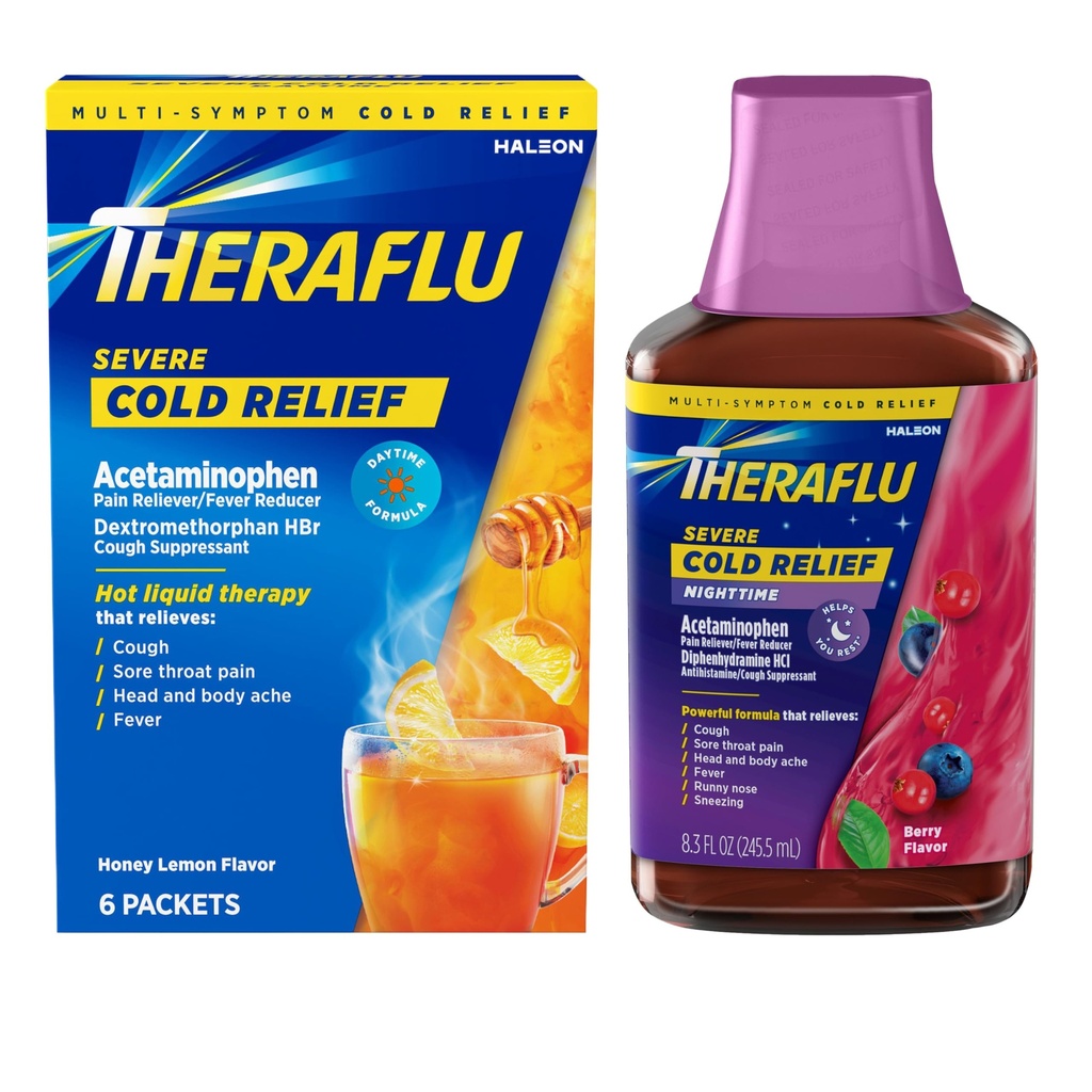 Theraflu Combo Nighttime Severe Cold Relief Syrup, Berry Flavor, 8.3 fl oz & Theraflu Daytime Severe Cold Relief Powder, Honey Lemon Flavor, 6 Ct