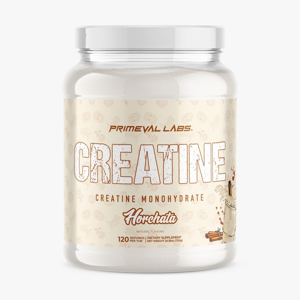 Primeval Labs Clean Creatine Monohydrate Powder | Flavored Powder for Muscle Strength & Recovery | Latin Aqua Fresca Flavors | Workout Supplement for Men & Women | 120 Servings | Horchata